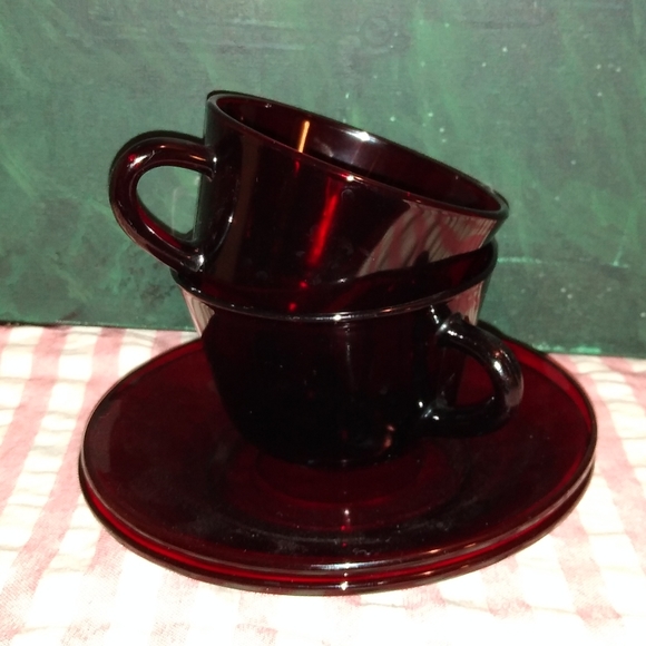Vintage Cafecore Ruby Red Glass Cup Saucer Set Christmas Cafe Tea Coffee Anchor - Picture 7 of 11
